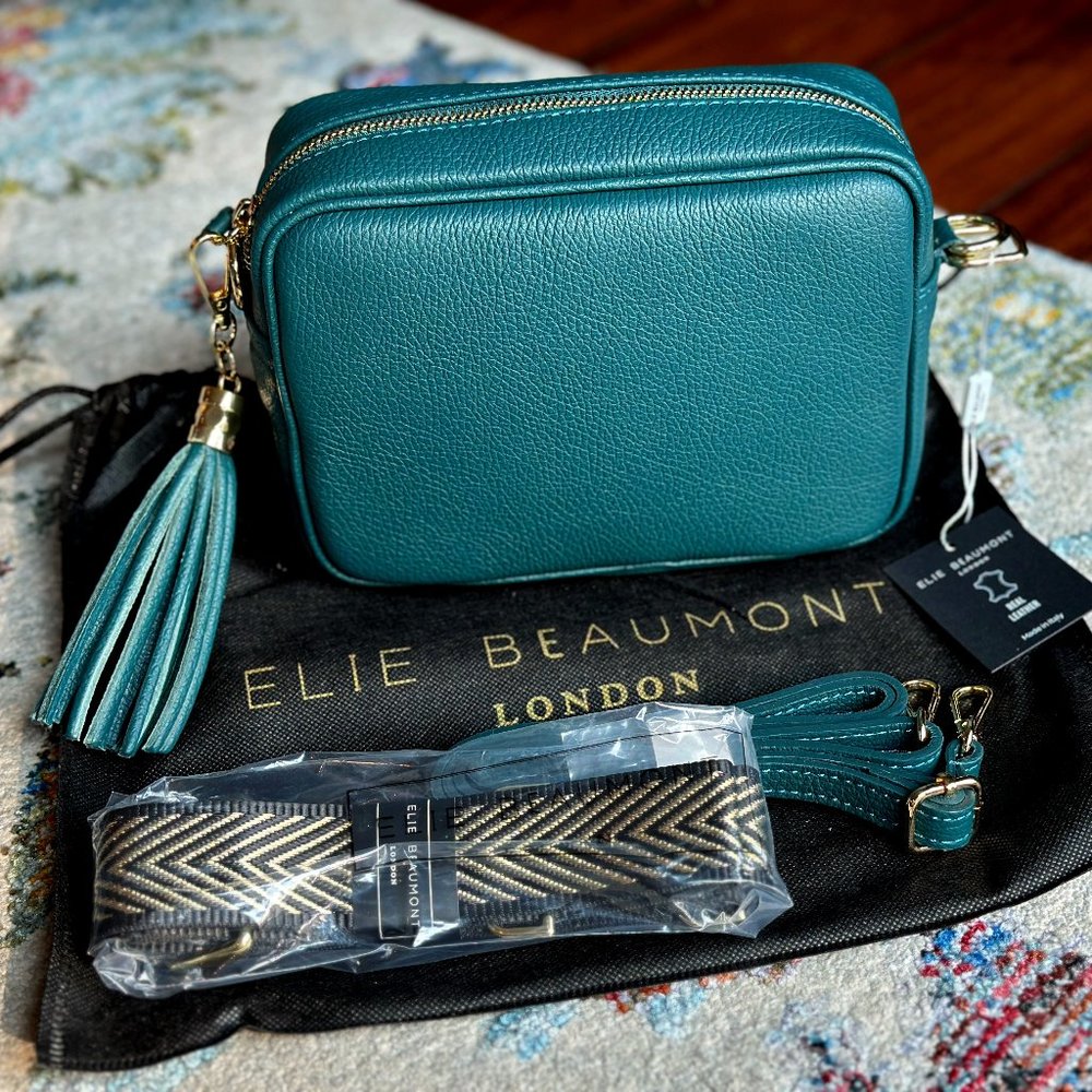 Elie Beaumont London Teal Crossbody Bag with Tassel & Gold Chevron Strap NWT